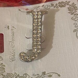 Elegant rhinestone letter “J” brooch Silvertone
